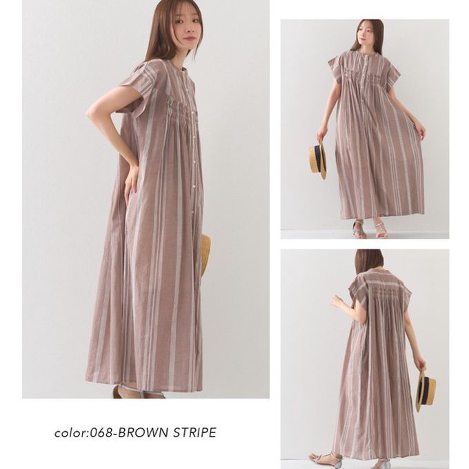 日本 OMNES - 100%印度棉 輕盈襯衫式短袖洋裝-綠條紋