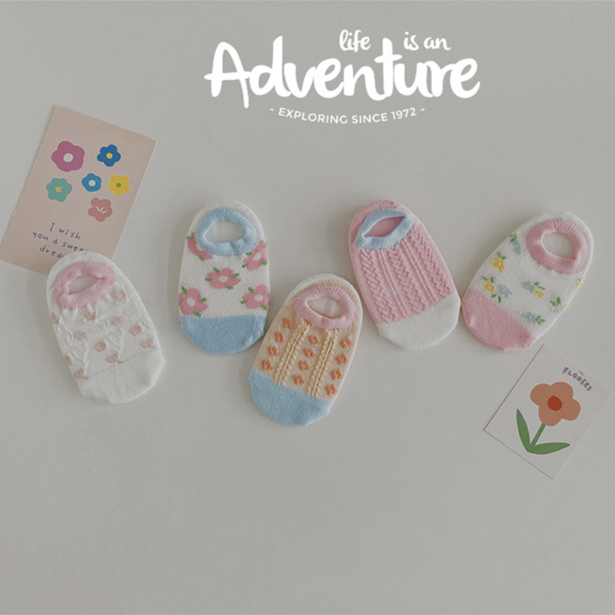 love, charlotte - 馬卡龍色粉嫩小花網眼隱形棉襪-5 雙一組