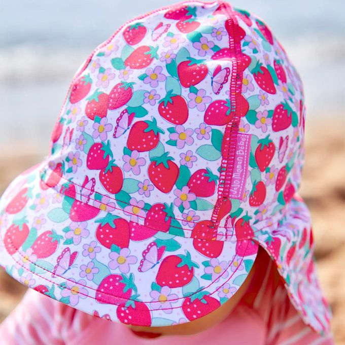 英國 JoJo Maman BeBe - 嬰幼兒/兒童泳裝戲水UPF50+防曬護頸遮陽帽-甜蜜草莓