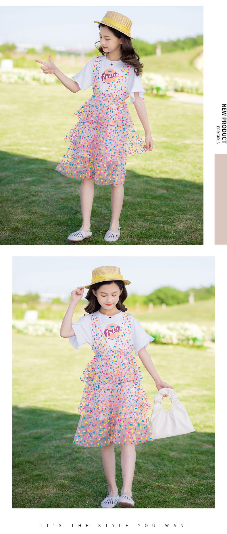 圓領短袖繽紛吊帶網紗蛋糕裙-圓點-白色-上衣+裙子