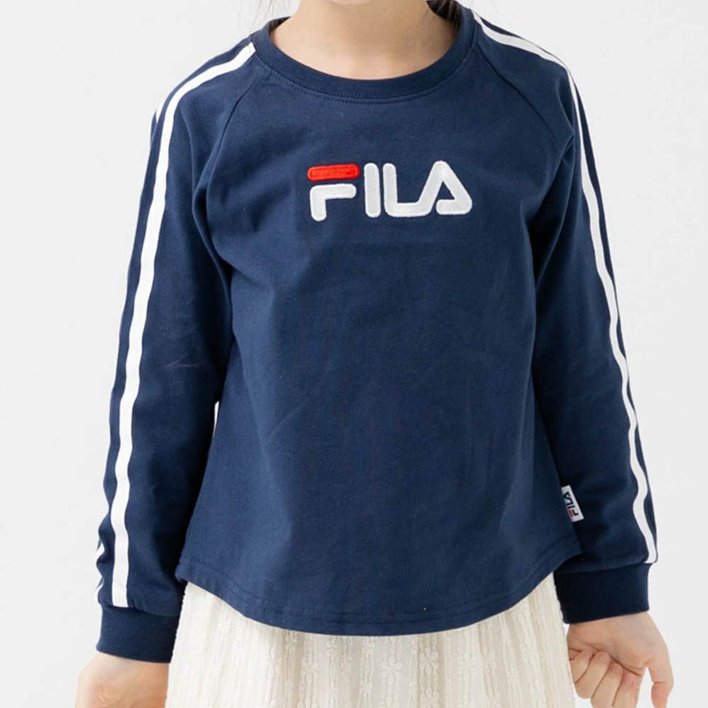 FILA聯名 品牌刺繡長袖上衣-袖子線條-海軍藍