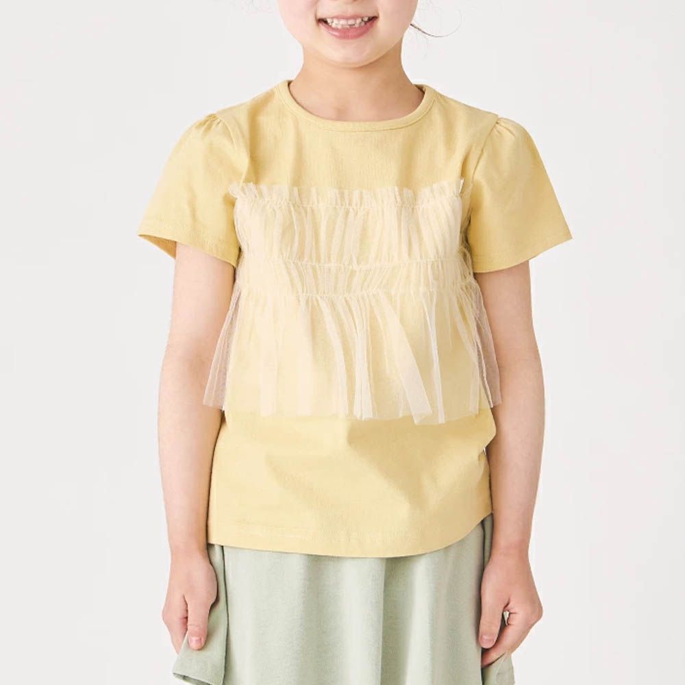 100%棉 層次透明蕾絲短袖上衣-黃