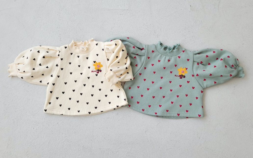 韓國 Mimico - (裏起毛)微笑花朵愛心泡泡袖T-薄荷綠