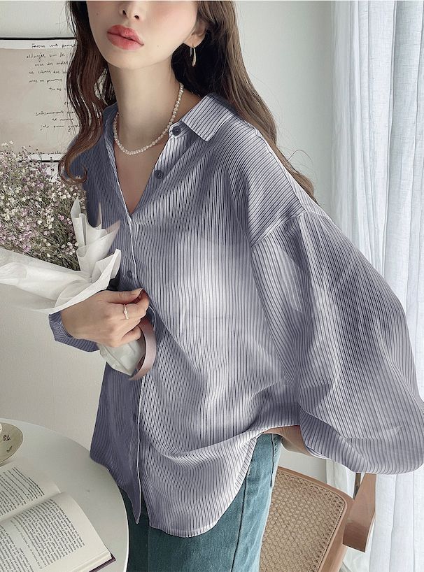 日本 GRL - 經典條紋長袖襯衫/薄外套-淺粉 (F)