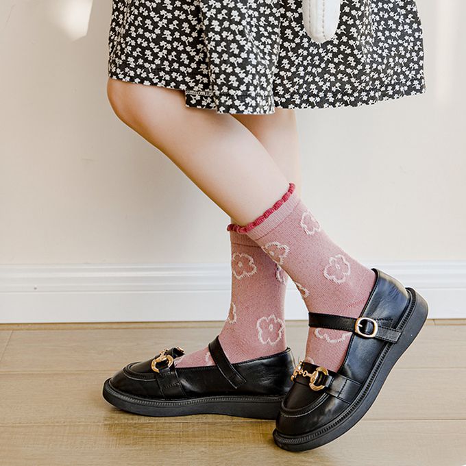 腳ㄚ子 - 幼/兒童棉質中筒襪 童襪 襪子 棉襪 兒童襪-緋紅花舞