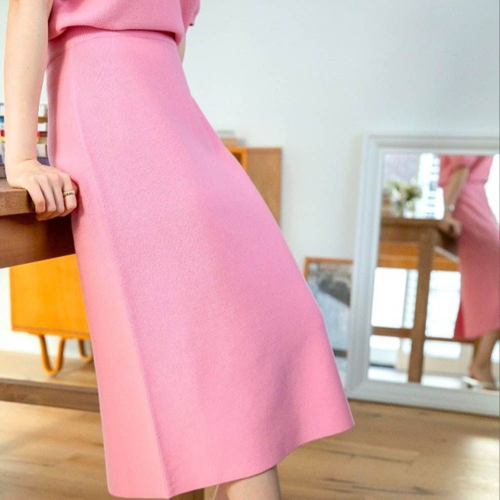 韓製 鬆緊腰無縫針織後開衩中長裙-粉 (FREE)