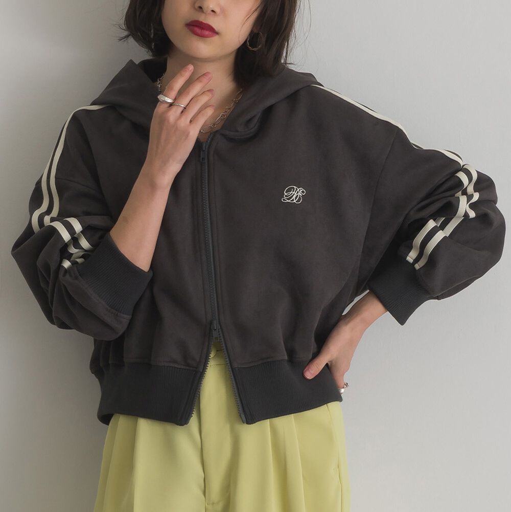 麂皮俐落雙拉鍊短版連帽外套-炭灰