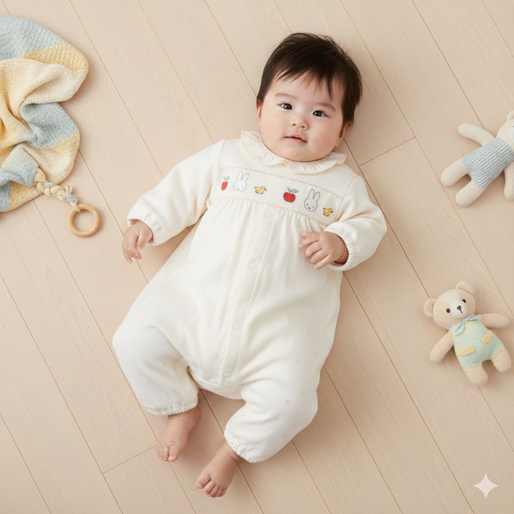 長袖連身衣-米飛兔 蘋果-米白色 (50~60cm)