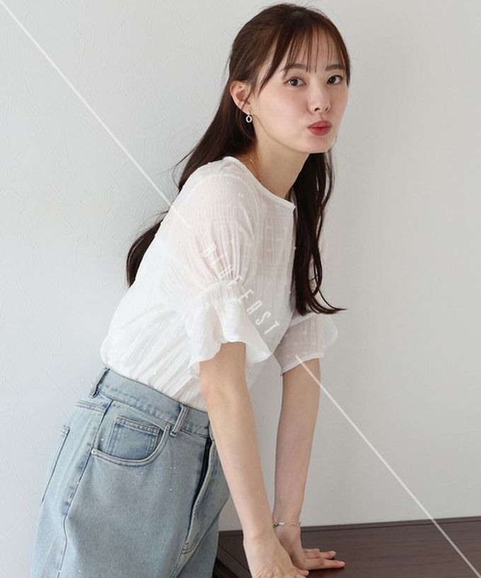 日本 BLUE EAST - 細緻圓點緹花透膚短袖上衣-水藍