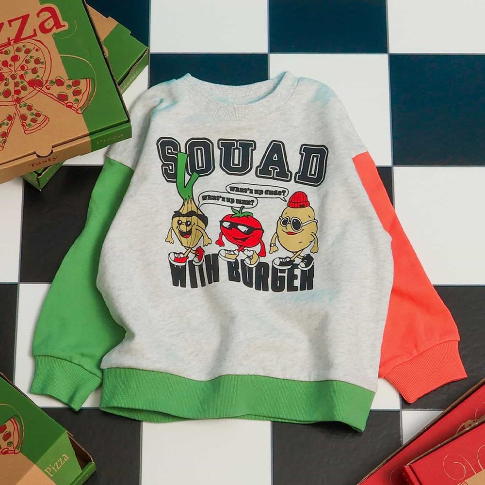 美式餐廳印花裏毛長袖上衣-美味佐料-撞色綠x橘