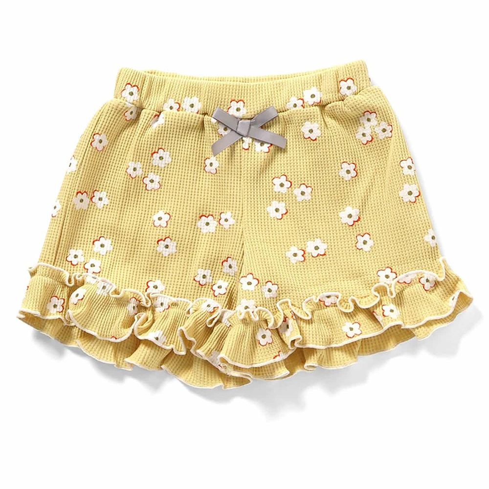 華夫格QQ荷葉短褲-小白花-淺黃