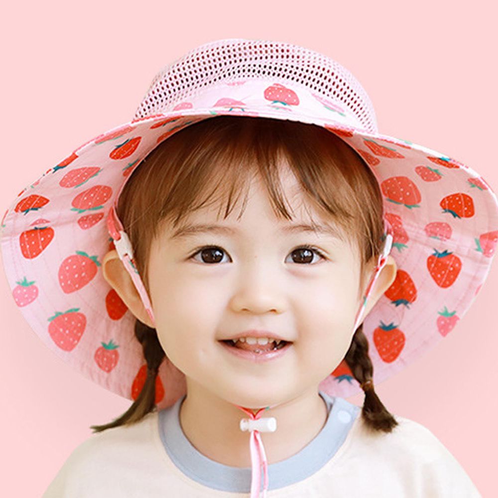 可調節兒童大帽簷防曬遮陽帽-草莓-粉色