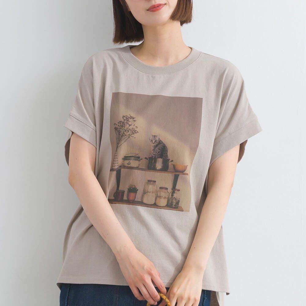 16支天竺棉 療癒印花法式袖上衣-貓咪的房間-淺棕