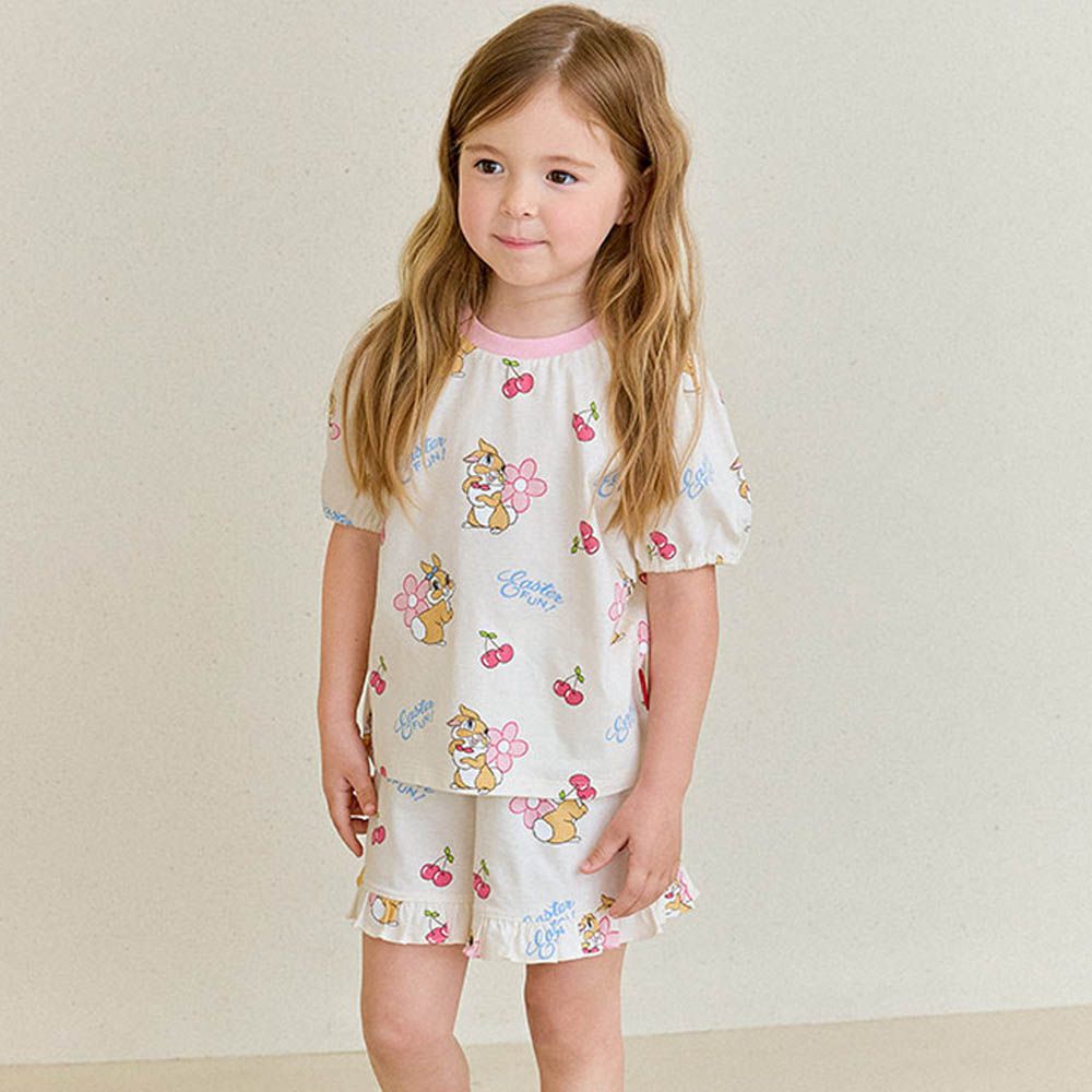 (聯名款)調皮兔兔花朵短袖套裝-卡通人物邦尼兔-米