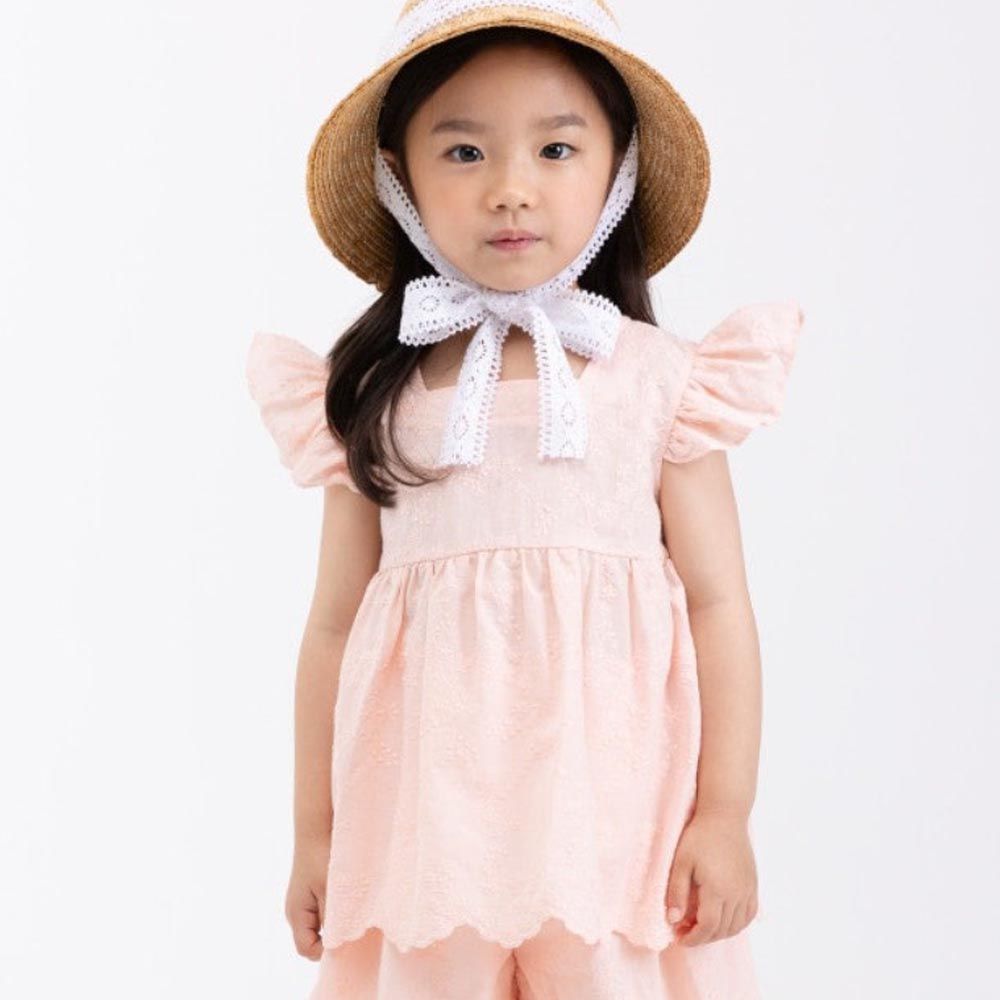 韓國 Coco Bang - 花刺繡裝飾裝飾袖上衣-粉橘