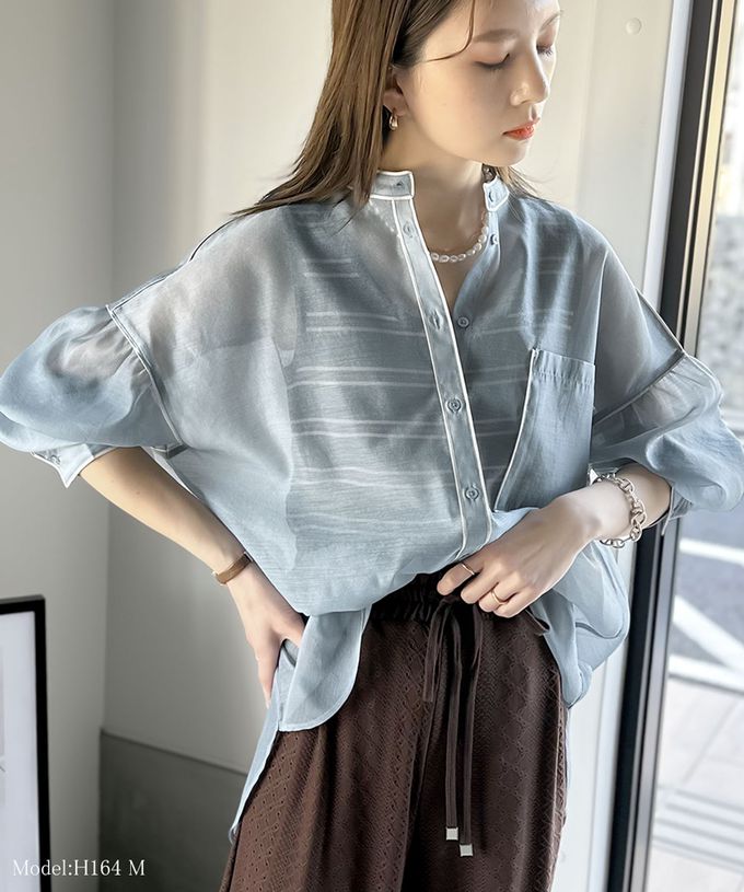 日本 Classical Elf - 優雅滾邊透膚感長袖襯衫-咖啡