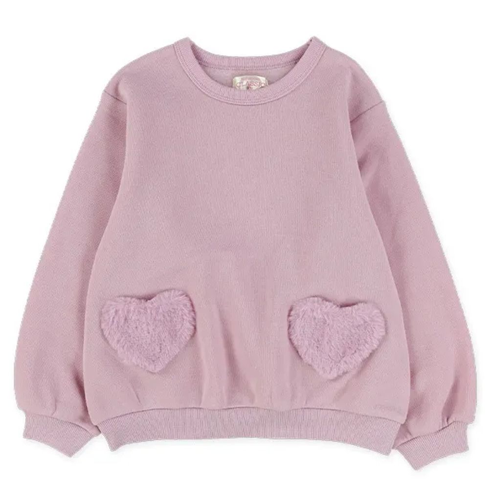 毛絨愛心口袋裏起毛長袖上衣-紫