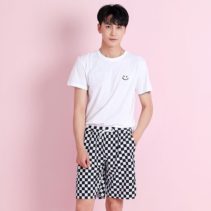 男士泳褲-格紋-黑+白