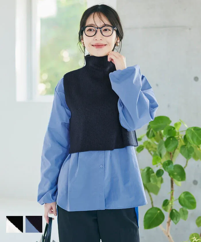 日本 COCA - 高領針織背心+前短後長襯衫2件組-黑