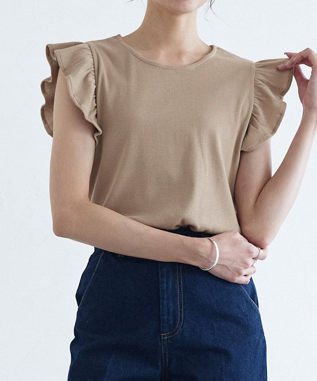 日本 Pierrot - 棉混柔美圓領荷葉袖上衣-珊瑚橘