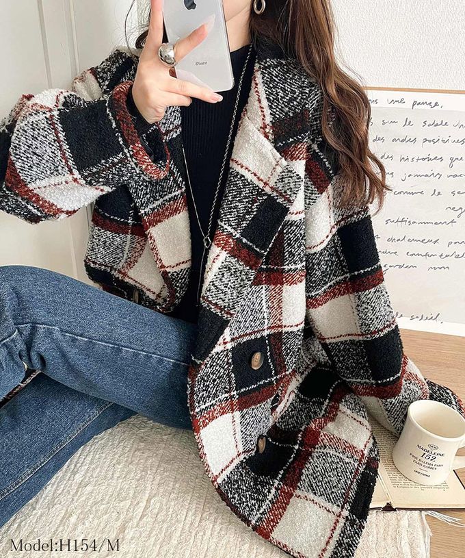 日本 Classical Elf - 亮麗格紋翻領廓形中長版大衣-焦糖棕