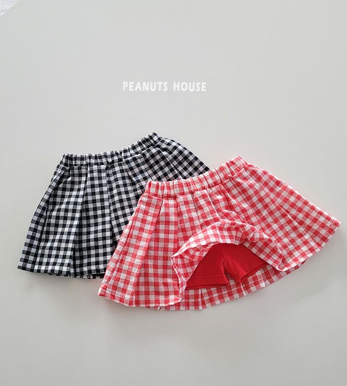 韓國 Peanuts House - 鬆緊腰小格打褶褲裙-黑X白