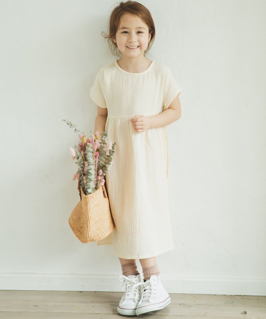 日本 PAIRMANON - 純棉微皺感短袖素色洋裝(孩子)-紅