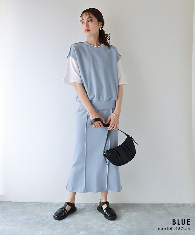 日本 BLUE EAST - 氣質修身法式短袖上衣x滾邊魚尾裙套裝-黑