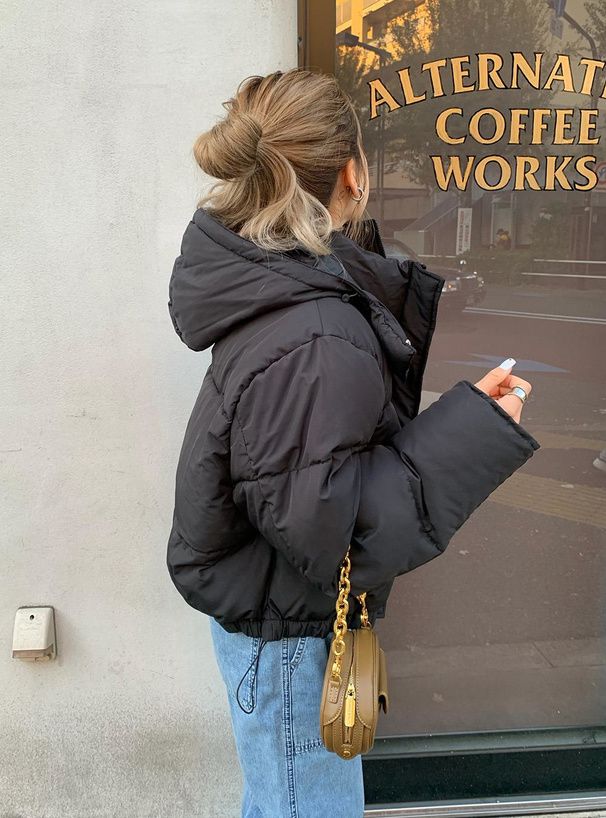 日本 GRL - 短版寬鬆羽絨連帽外套-黑 (F)