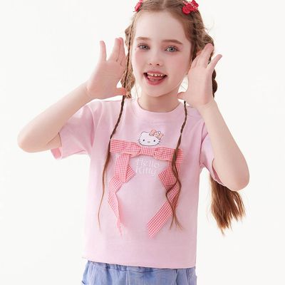 人氣卡通 - 純棉圓領蝴蝶結短袖上衣-卡通人物Hello Kitty-粉色