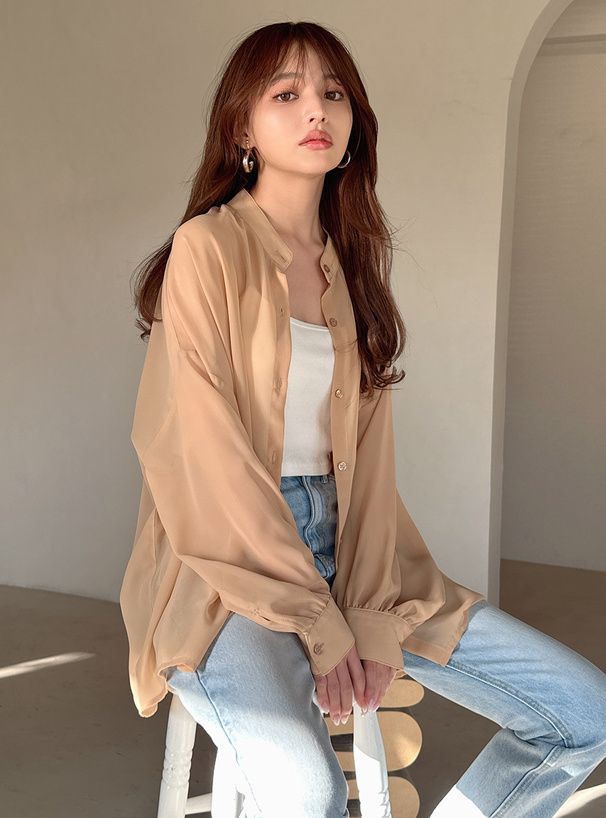 日本 GRL - 透膚感泡泡袖薄長袖襯衫-水藍 (F)