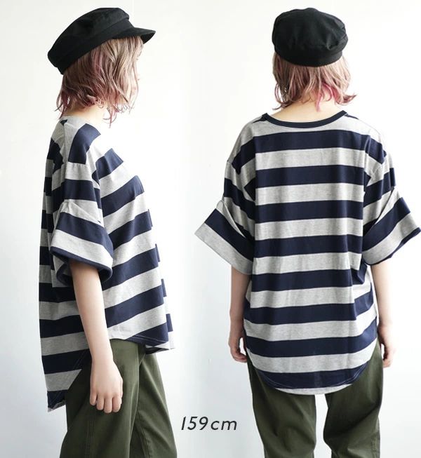 日本 zootie - 百搭顯瘦V領五分袖粗條紋上衣-深藍灰