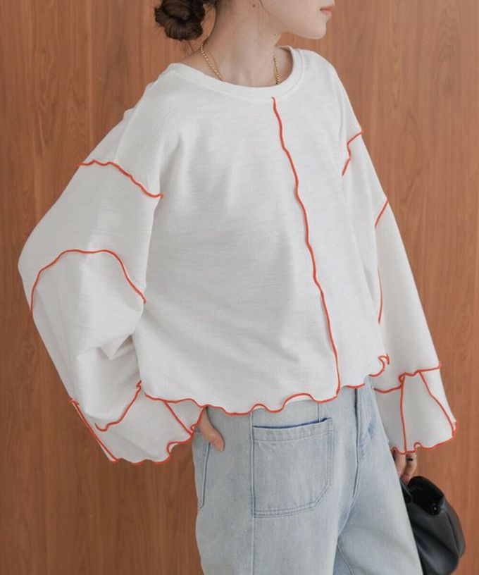 日本 Bab - 活力跳色感木耳邊大寬袖上衣-灰x淺黃