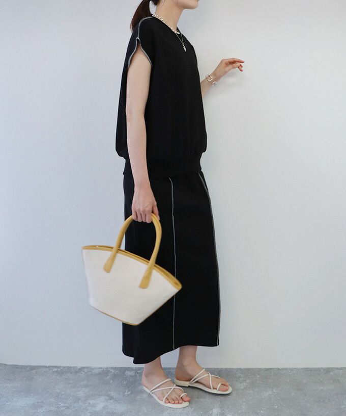 日本 BLUE EAST - 氣質修身法式短袖上衣x滾邊魚尾裙套裝-黑