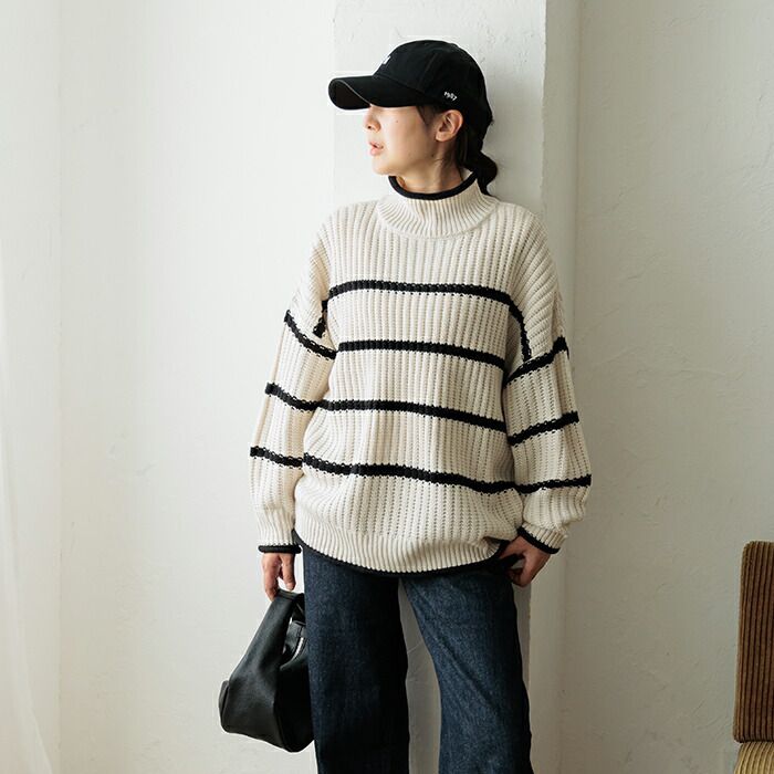 日本 ihuu - 率性線條高領厚針織長袖上衣-黑x白條紋