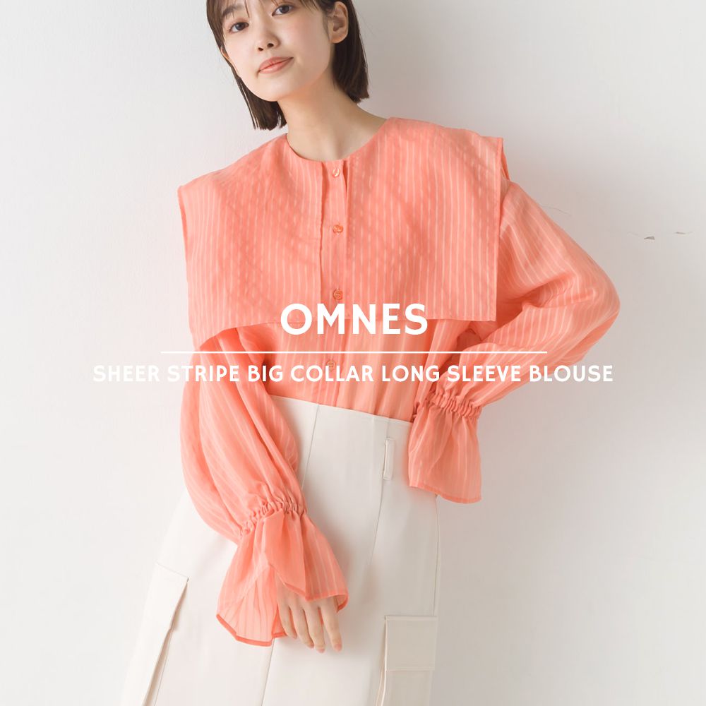 日本 OMNES - 空氣感翻領透膚糖果袖襯衫-暖陽橘