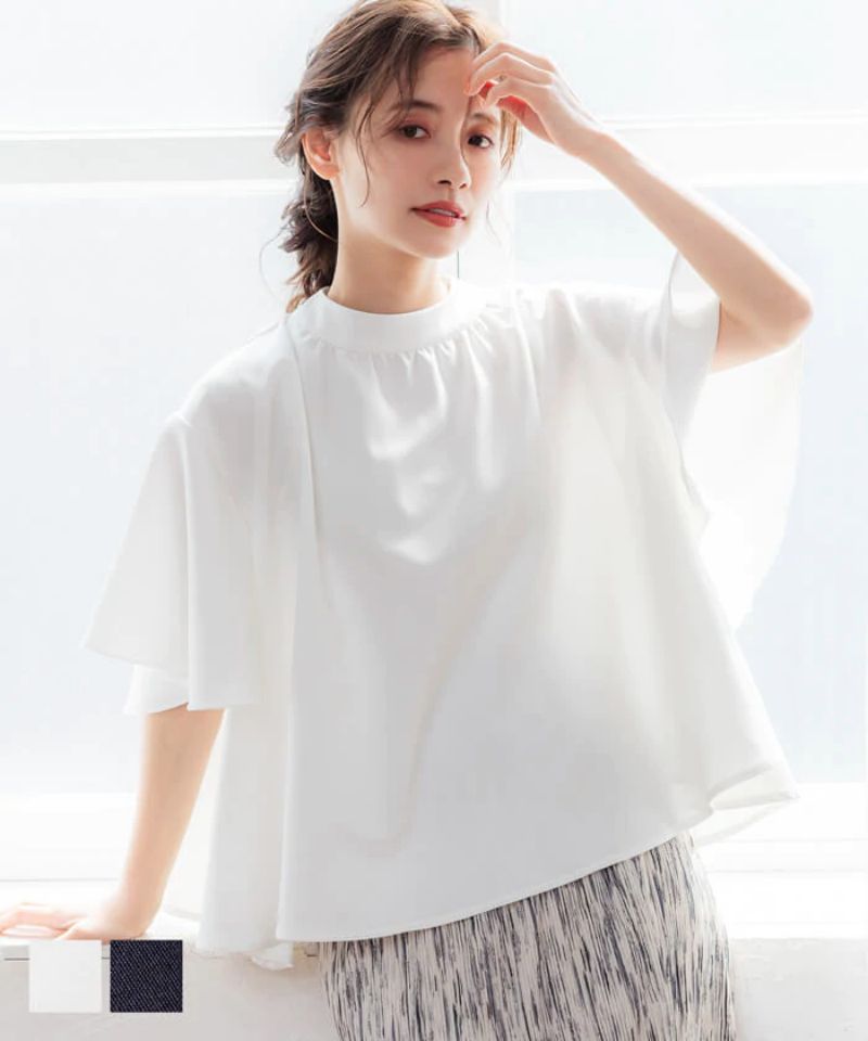 日本 COCA - 垂墜荷葉袖小立領短袖上衣-白