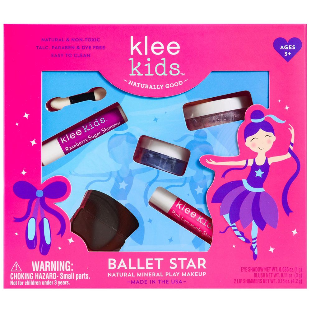 美國 Klee Kids - 芭蕾明星彩妝組-天空藍礦物眼影(1g)+粉紅泡泡糖礦物腮紅(3g)+粉檸檬亮光潤唇膏(4.2g)+寶貝紅亮光潤唇膏(4.2g)+雙頭眼影棒/腮紅刷(共6件)