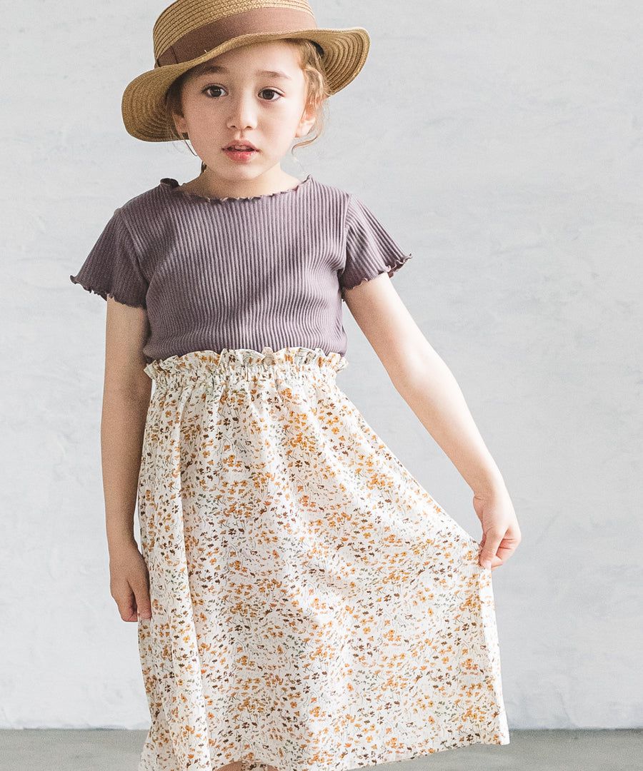 日本 PAIRMANON - 柔棉 異材質拼接木耳邊短袖洋裝-碎花-摩卡x米