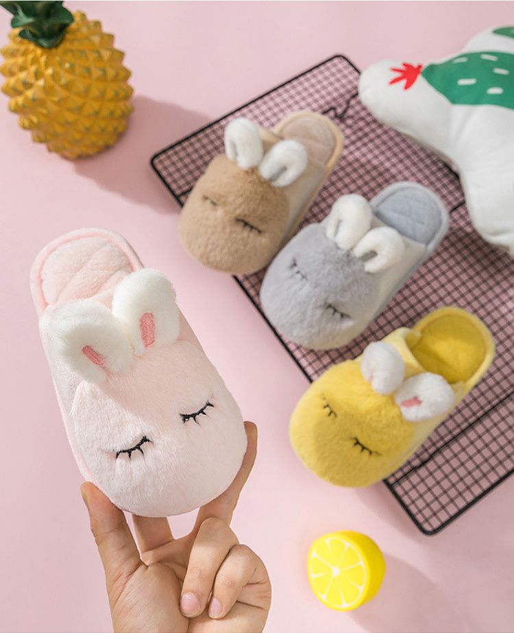 兒童毛毛保暖室內拖鞋-閉眼兔子-粉色