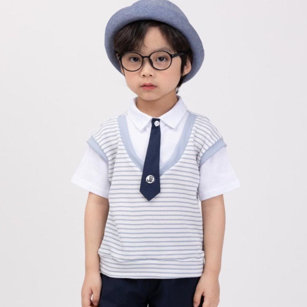 韓國 Coco Bang - 假兩件領帶點綴條紋上衣-淺藍