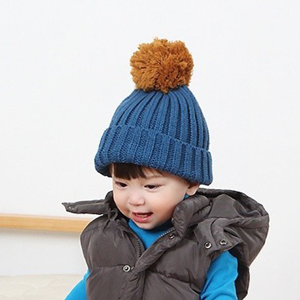韓國 Babyblee - 大毛球針織毛線帽-藍 (FREE)