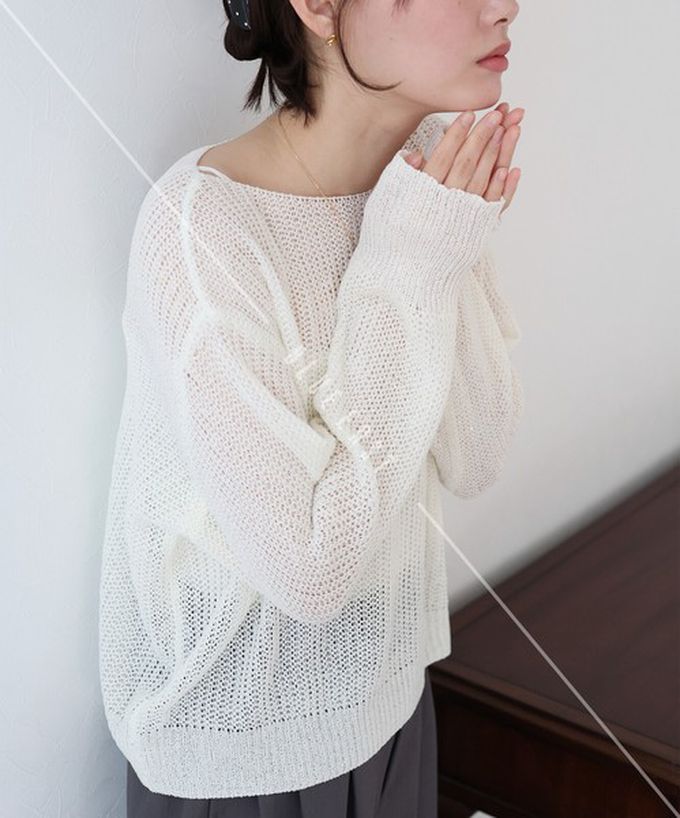 日本 BLUE EAST - 典雅船領閃爍亮片網眼針織上衣-米黃