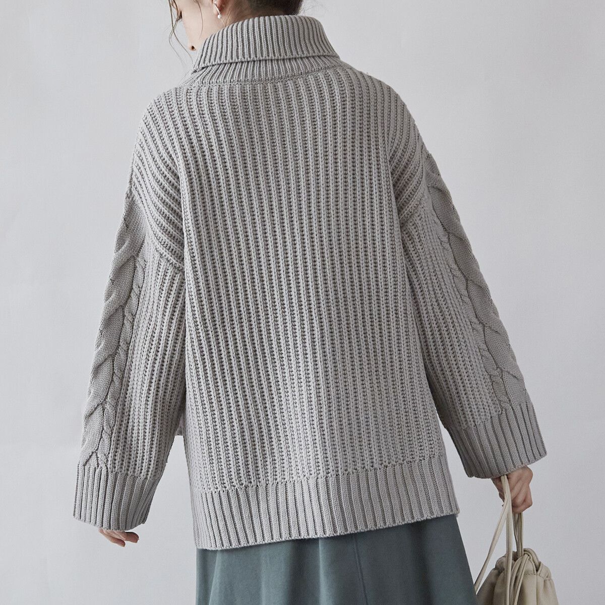 日本 Rejoule - 交錯編織紋寬鬆高領針織毛衣-淺杏 (M(Free size))