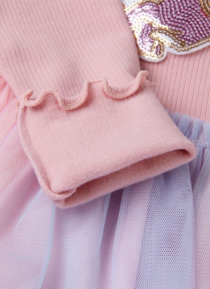 韓國 OZKIZ - 亮片獨角獸拼接繽紛網紗洋裝-粉