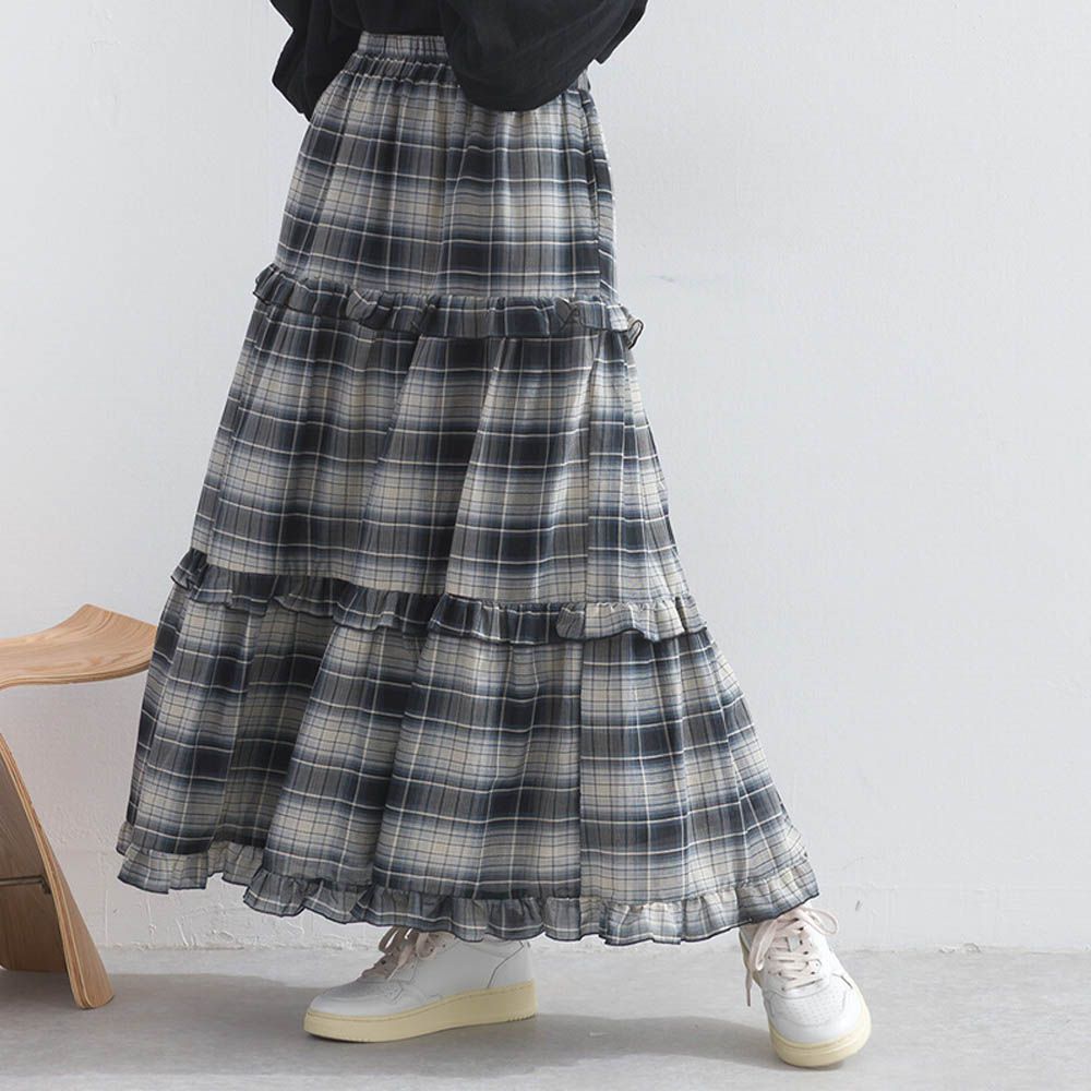 精緻格紋輕盈感分層俏麗長裙-黑白