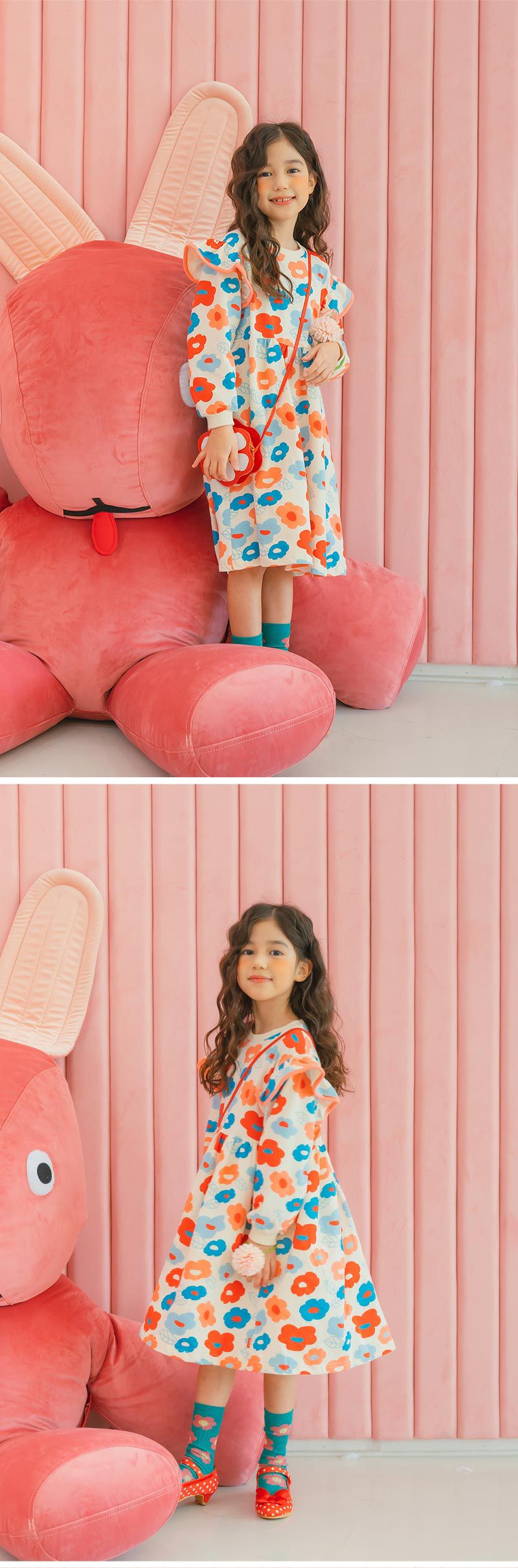 韓國 OZKIZ - (附包包)可愛花朵長袖抓腰洋裝