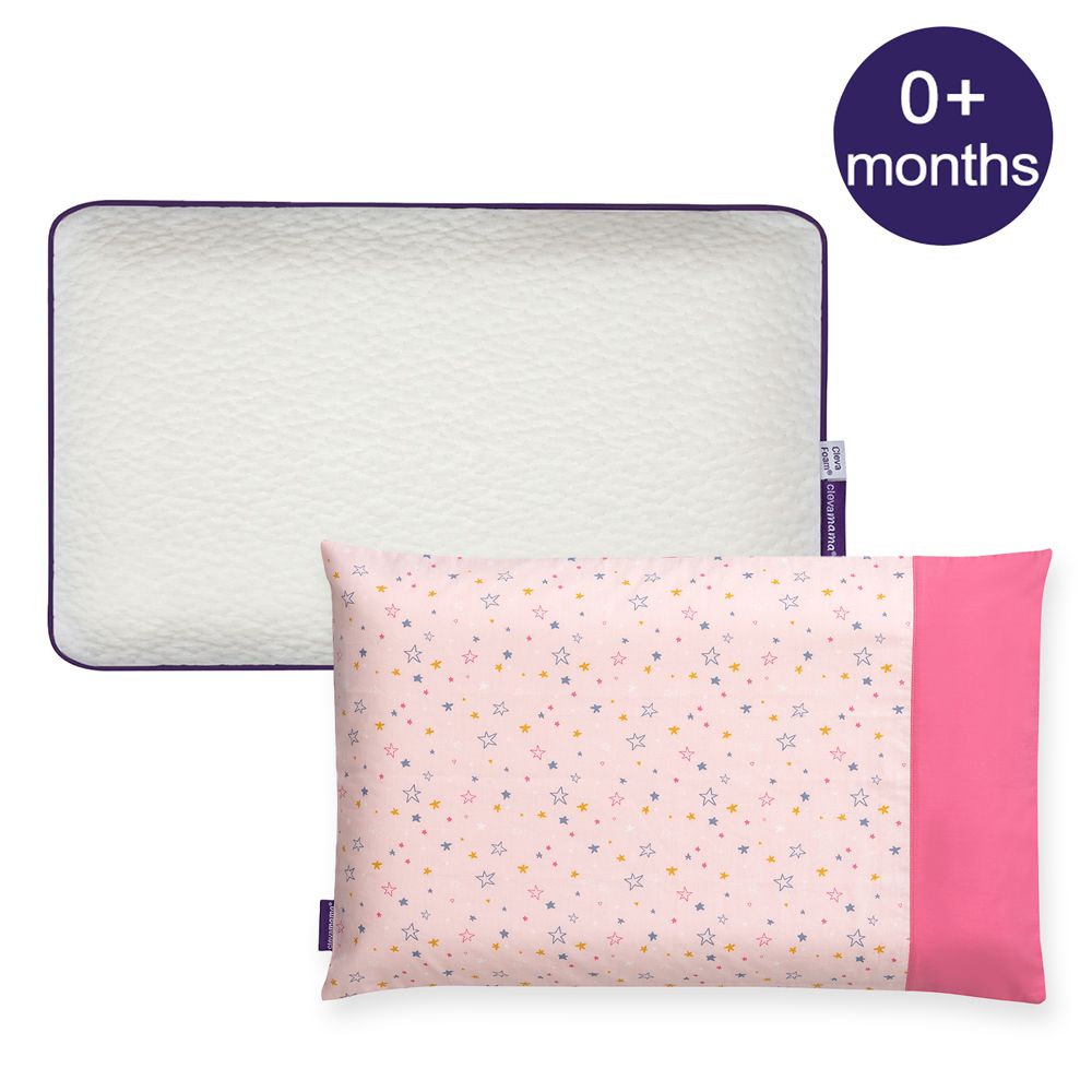 ClevaMama - 防扁頭推車枕+枕套 0個月以上適用(超值優惠組)-星星粉色