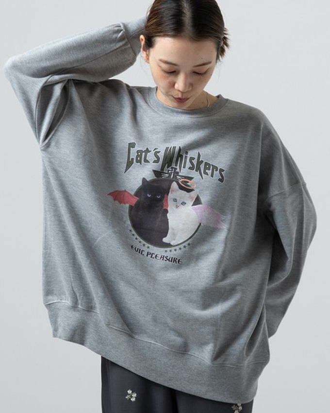 日本 gleam - 裏毛寬版天使惡魔貓咪印花大學T-白