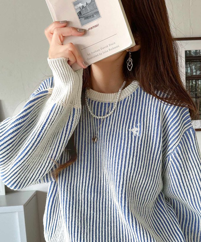 日本 Classical Elf - 刺繡logo 線條感針織長袖上衣-橘紅x米